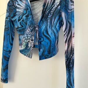 Animal Print Blue and Black Mesh Long Sleeve Top